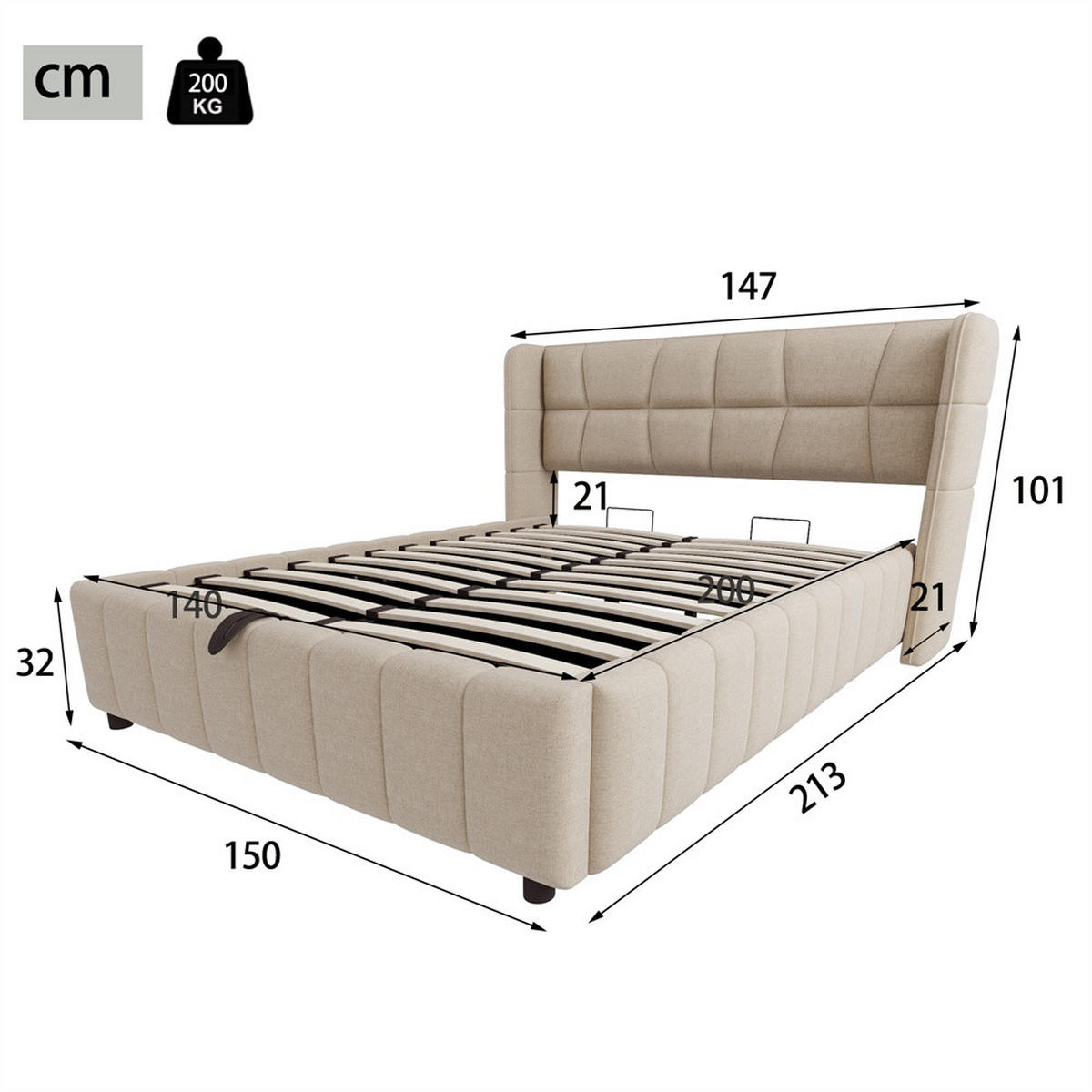 POLSTERBETT 140x200 cm mit hydraulischem Stauraum & Gepolstertes Kopfteil - ohne Matratze - Leinen - Beige - Beige, Textil (140/200cm) - DELFA