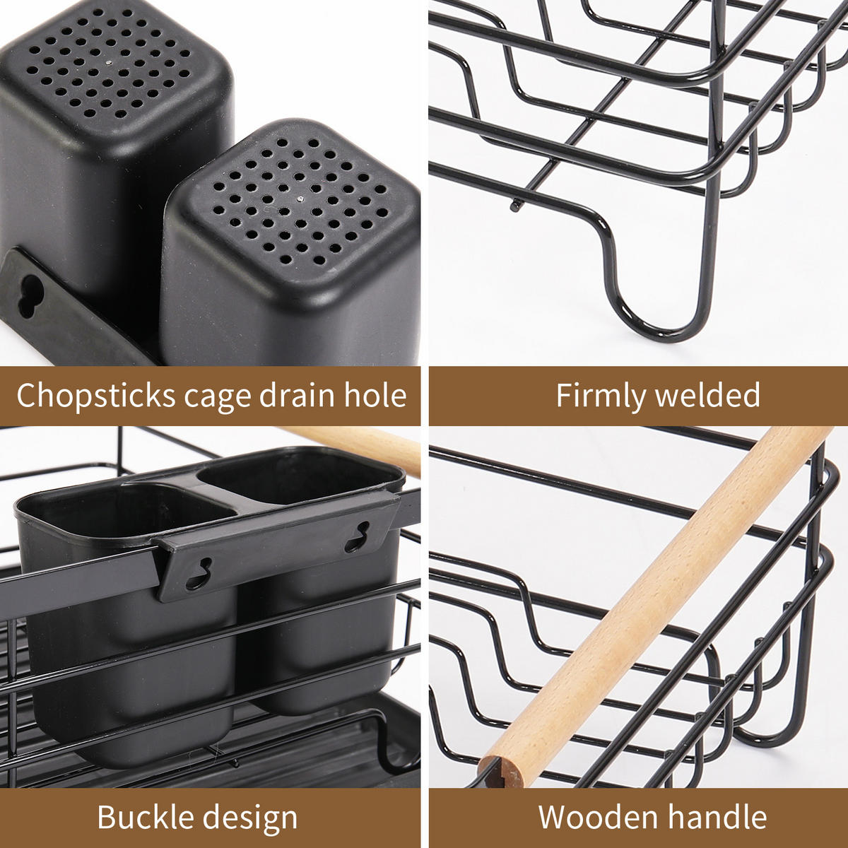 GESCHIRRABTROPFKORB mit Abtropfschale Holzgriff aus Metall in Schwarz Ergonomischer Holzgriff 43 x 30,5 x 14 cm - Schwarz, Holz/Metall (43/14/30.5cm) - Livingandhome