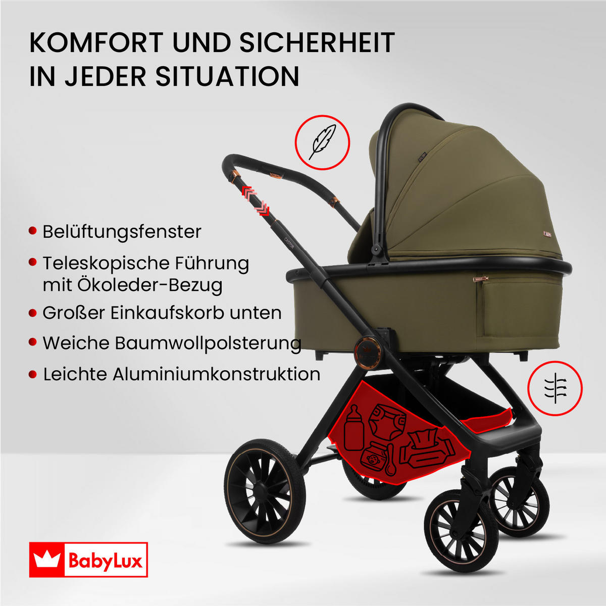 KINDERWAGEN Castor 4in1 Olive Babywanne, Reisebuggy, Autositz, Isofix Basis - Schwarz/Olivgrün, Textil/Metall (58/98cm) - BabyLux