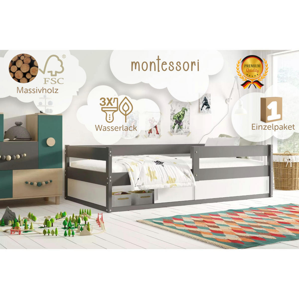 KINDERBETT Hugo 160x80cm mit Lattenrost - Grau, Holz (80/160cm) - Interbeds