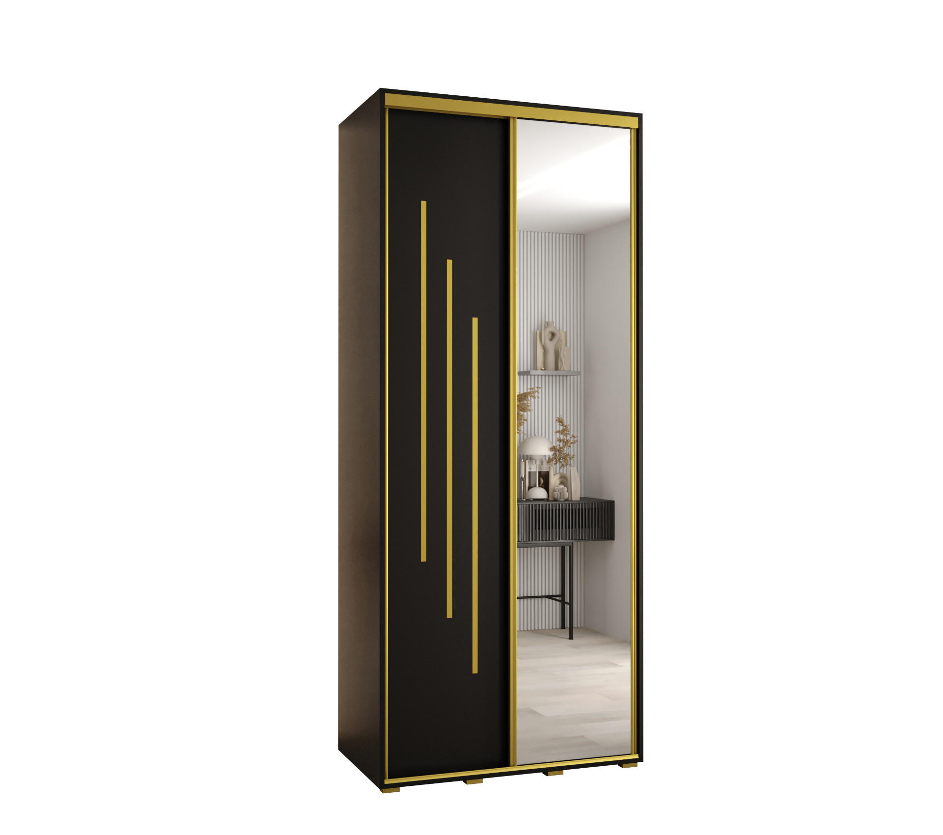 Abiks Möbel Schwebetürenschrank Schwarz, Schwarz, Gold 110x235x45 cm