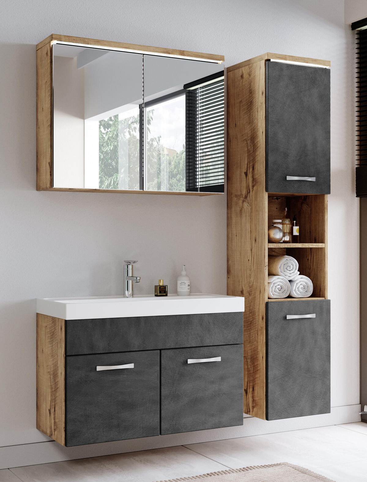 BADMÖBEL-SET Paso LED 4 Teile Kastanien Eiche / Grau - 80 x 35 x 55 cm - Eichefarben/Grau, Holz (80/55/40cm) - Badplaats