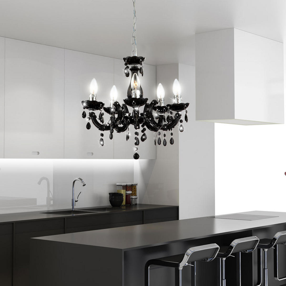 KRONLEUCHTER Kristalloptik Schwarz 5-flammig - Schwarz, Metall (44/44/128cm) - Globo Lighting