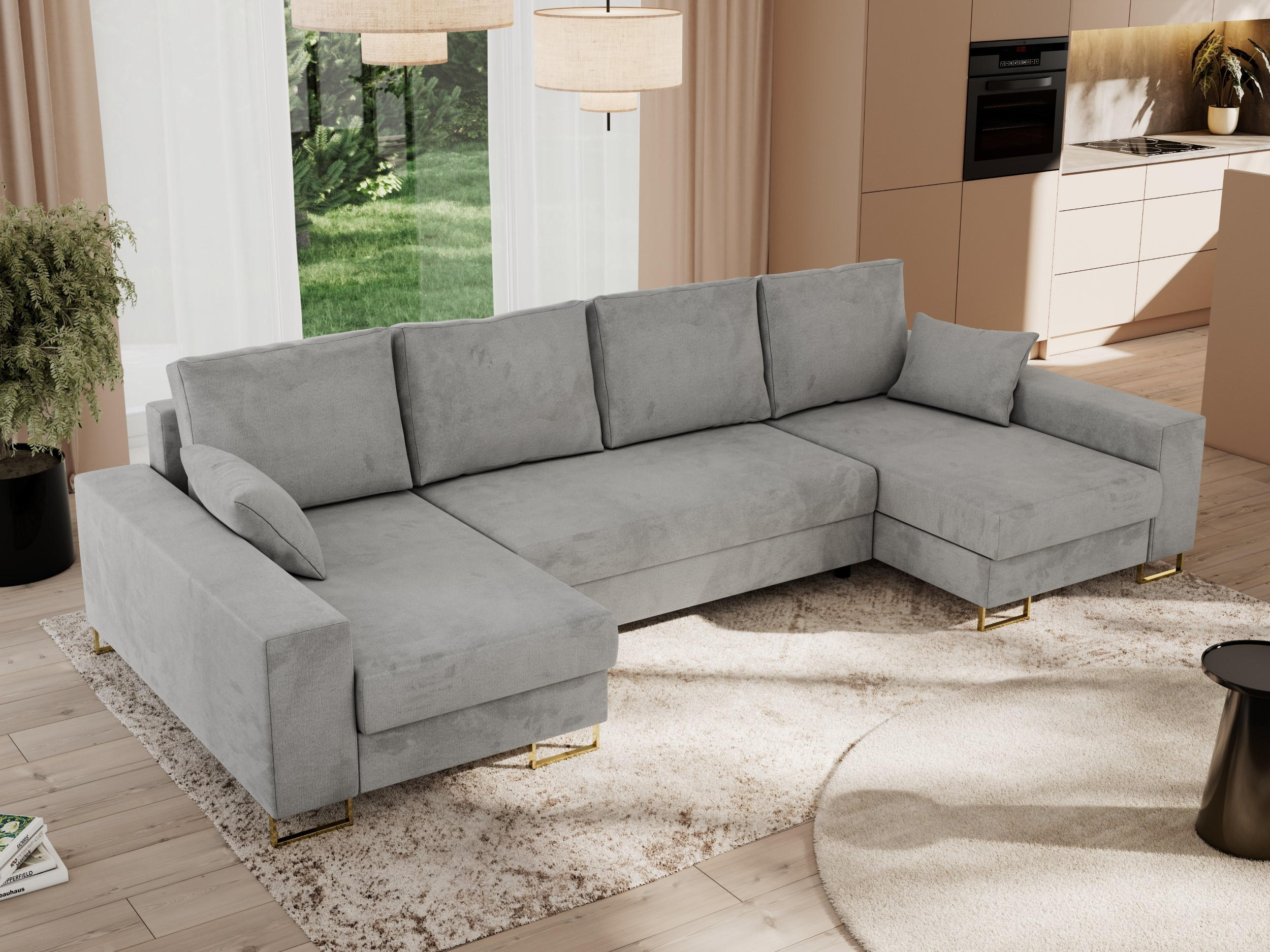 WOHNLANDSCHAFT DORIAN U Velvet Hellgrau - Goldfarben/Hellgrau, Textil/Metall (312/95/138cm) - MKS