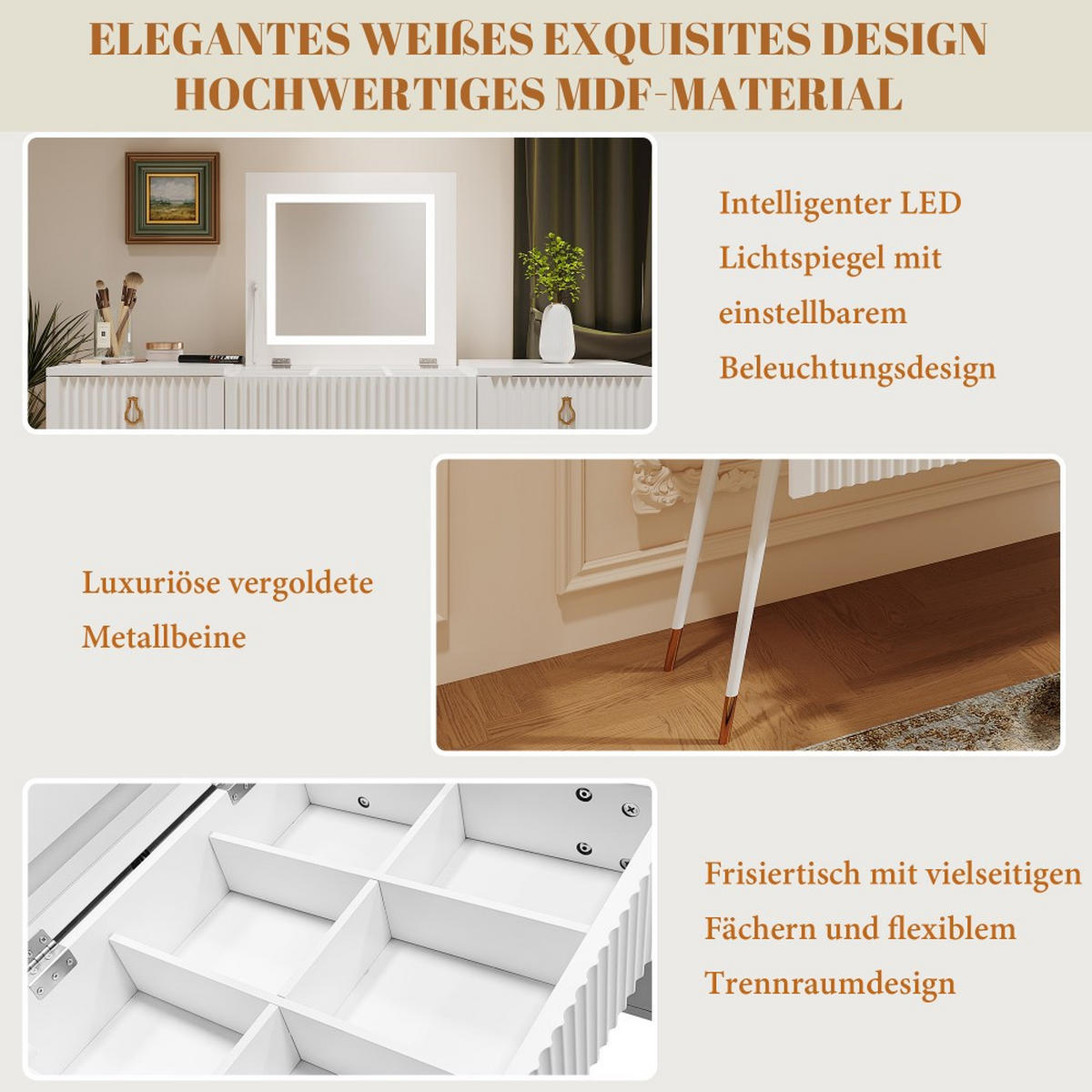 SCHMINKTISCH in Weiß mit LED-Spiegel und mehreren Stauräumen(Ohne Stühle) - Weiß, Holz (45/121/120cm) - KOMHTOM