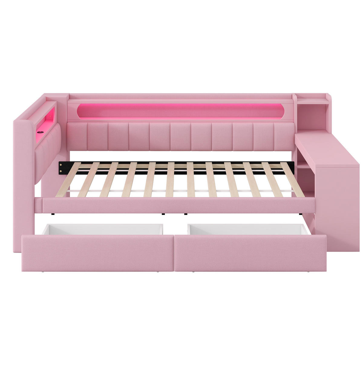 GEPOLSTERTES Tagesbett 90/200 cm mit LED-Beleuchtung, USB-Anschluss, Schreibtisch und 2 Schubladen, Rosa - Rosa, Holzwerkstoff (90/200cm) - Redom