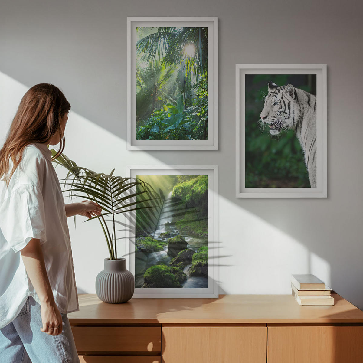 WANDBILDER 3er-Set - 40x60 cm Weißer Rahmen - Dschungeltigerwasserfall - Weiß, Kunststoff (40/60cm) - ArtPrintCave