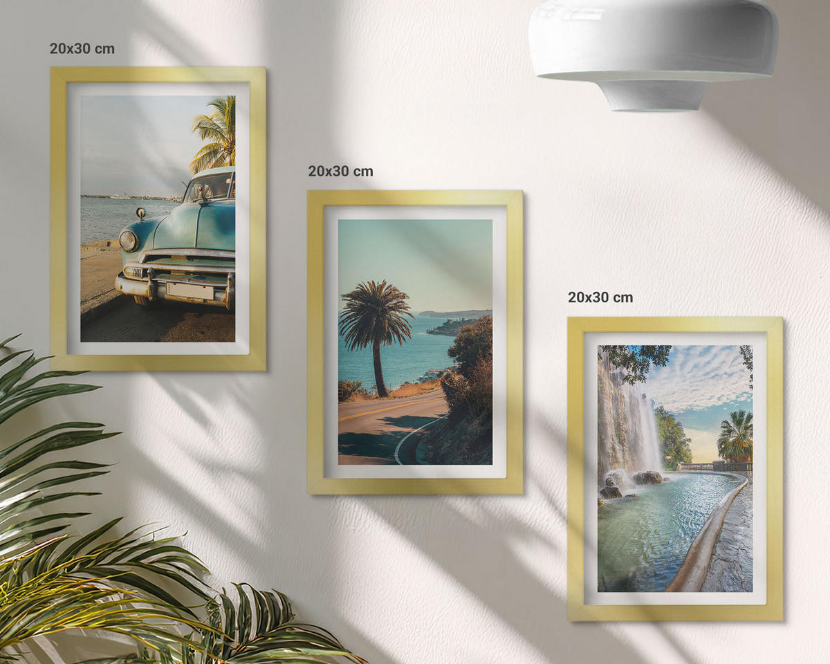 BILDER SET 3er Set - 20x30 cm Goldrahmen - Urlaub Palmen Wasserfall - Goldfarben, Kunststoff (20/30cm) - TULUP