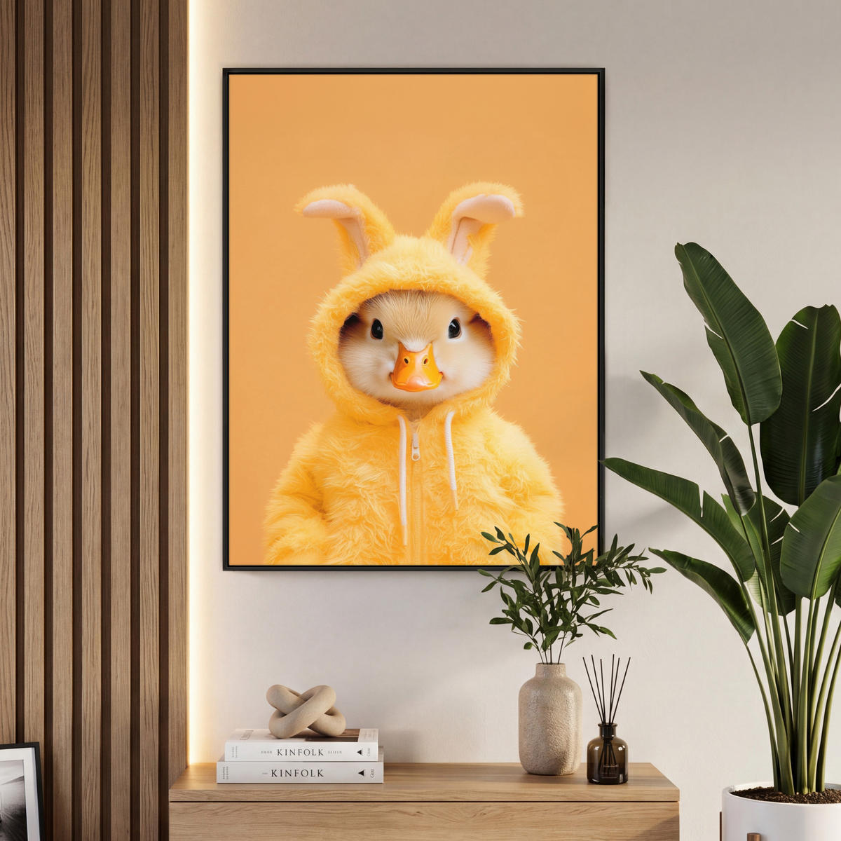 LEINWAND Bilder mit Rahmen - Osterhase - Kostüm - Ente - 70x100 - Gelb, Textil (70/100cm) - MuchoWow