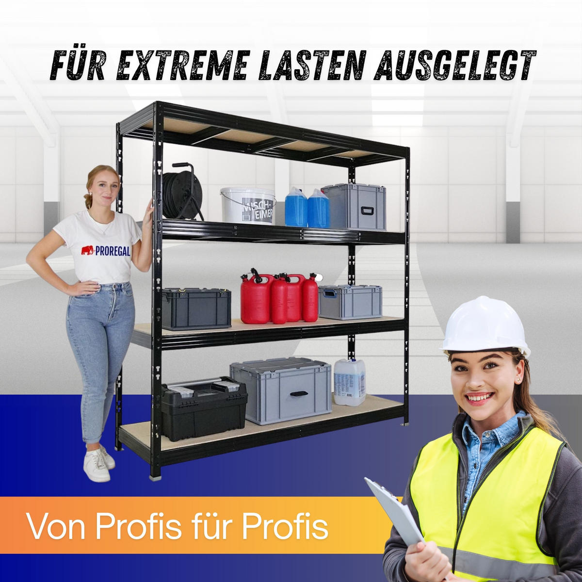 SCHWERLASTREGAL Rhino 200x200x60 cm 4 Spanplatten-Ebenen 8mm Fachlast 500 kg Schwarz - Schwarz, Metall (200/200/60cm) - PROREGAL