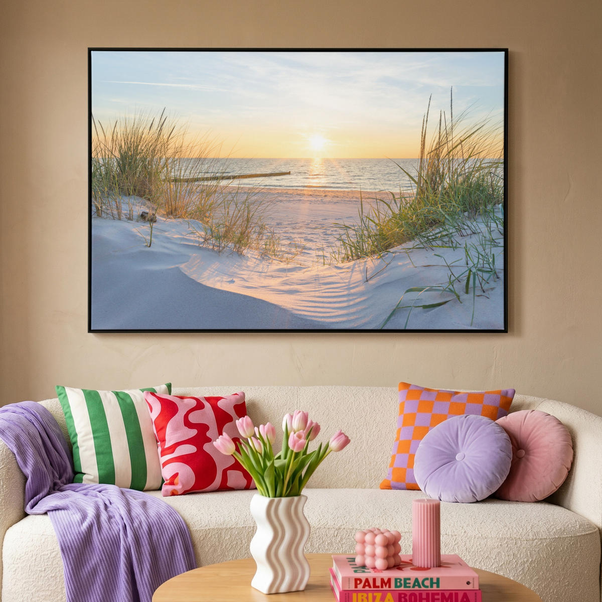 LEINWAND Bilder mit Rahmen - Strand - Sonne - Düne - Gras - Sand - Horizont - 150x100 - Hellblau, Textil (150/100cm) - MuchoWow