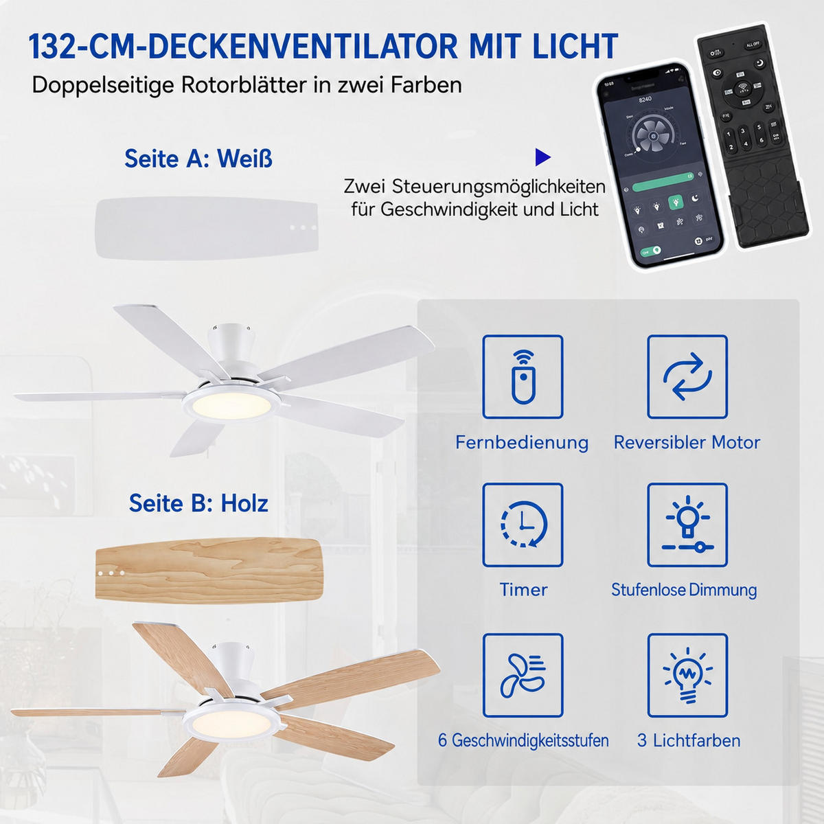 DECKENVENTILATOR Weiß 132 cm mit RGB-LED und leisem DC-Motor - Weiß, Metall (132.1/132.1/22.1cm) - Surtime
