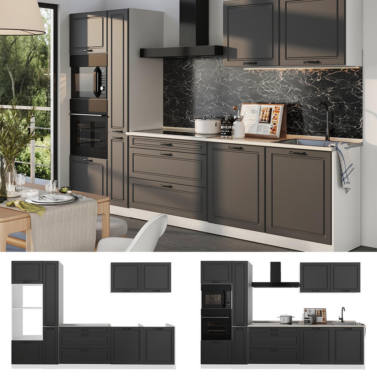 KUCHYNKA R-Line, Antracitový vidiecky dom/biely, 310 cm Goldkraft tammi työtaso - biela/antracitová, kompozitné drevo (310/206.8/60cm) - Vicco