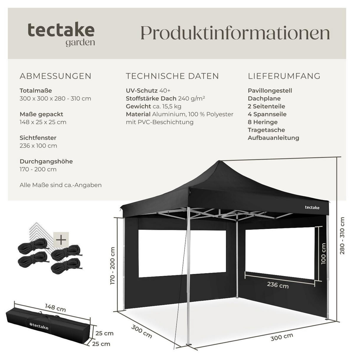 PAVILLION aus Aluminium Olivia, inklusive Spannseilen, Heringen und Tragetasche, schwarz - Schwarz, Kunststoff (300/280/300cm) - tectake