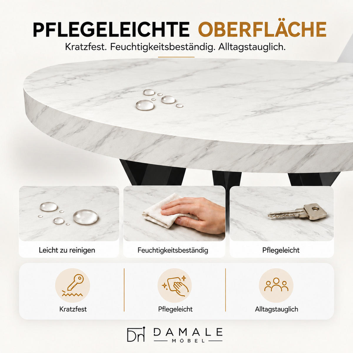 ESSTISCH rund ausziehbar 90/190/76 cm, Marmor, 54 cm Tischplatte + Y Metallgestell Schwarz - Hellgrau/Schwarz, Holzwerkstoff/Metall (90/190/76cm) - Damale Möbel