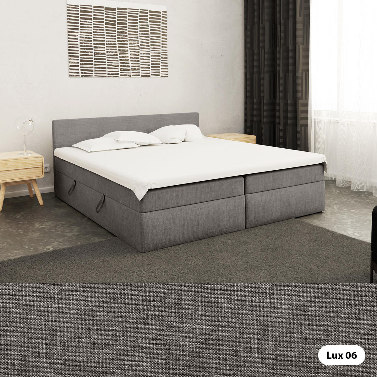 BOXBETT mit Kopfteil Menorca 180x200 cm, Grau - Grau, Textil (180/200cm) - Meblito