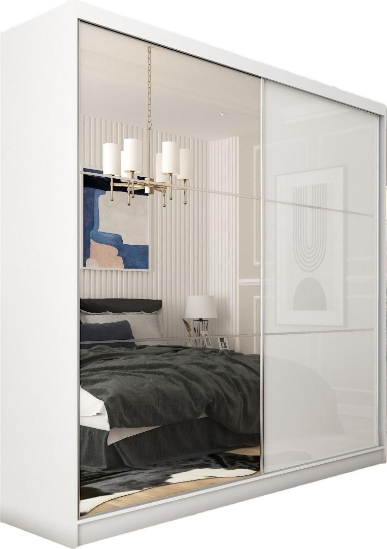 SCHWEBETÜRENSCHRANK Vena 200 cm mit Spiegel 2-türig, weiß, lacobel weiß - Weiß, Holz/Kunststoff (200/216/61cm) - Margaret Hadas24