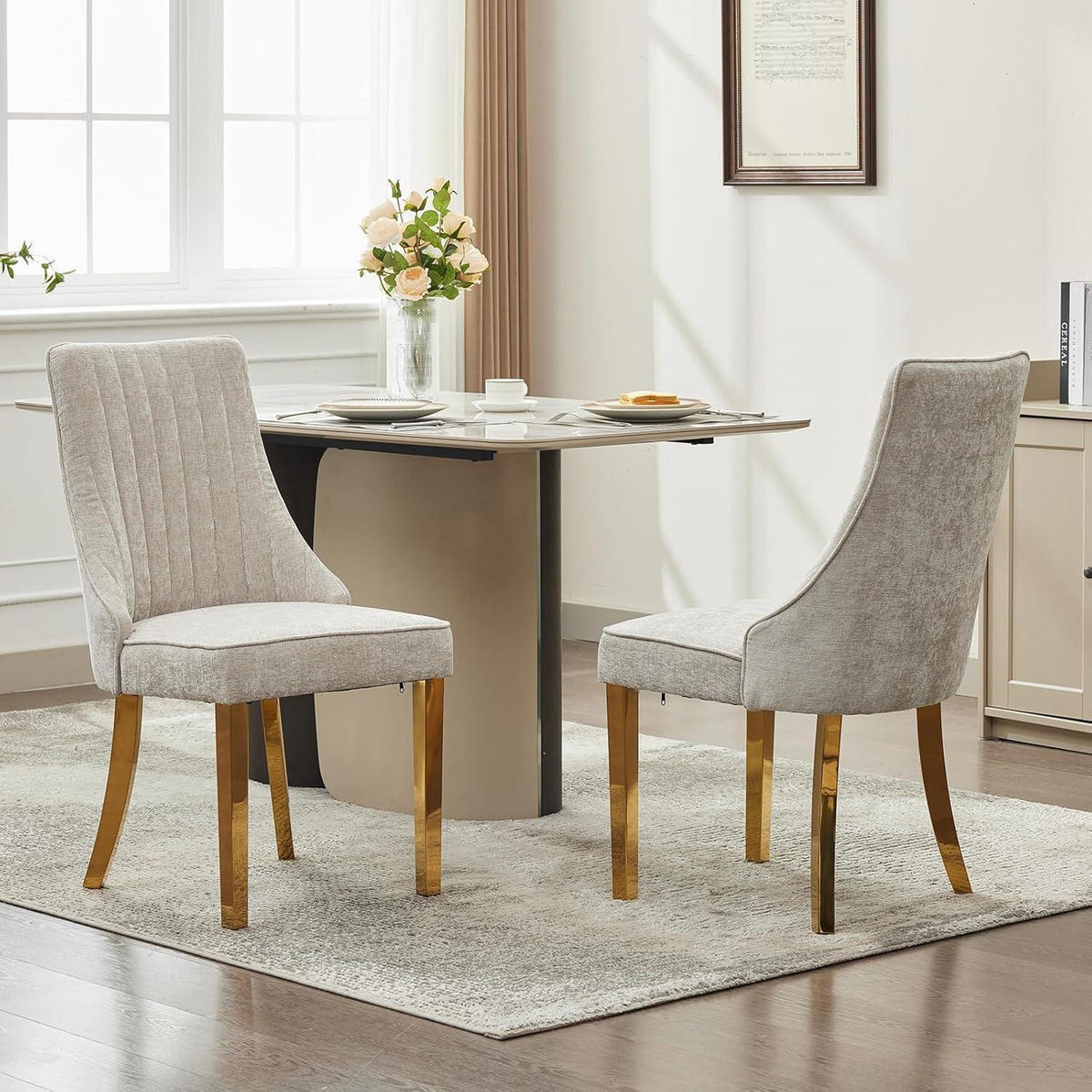 ESSZIMMERSTÜHLE 8er-Set Stoff Beige mit goldfarbenen Edelstahlbeinen jetzt nur online ➤