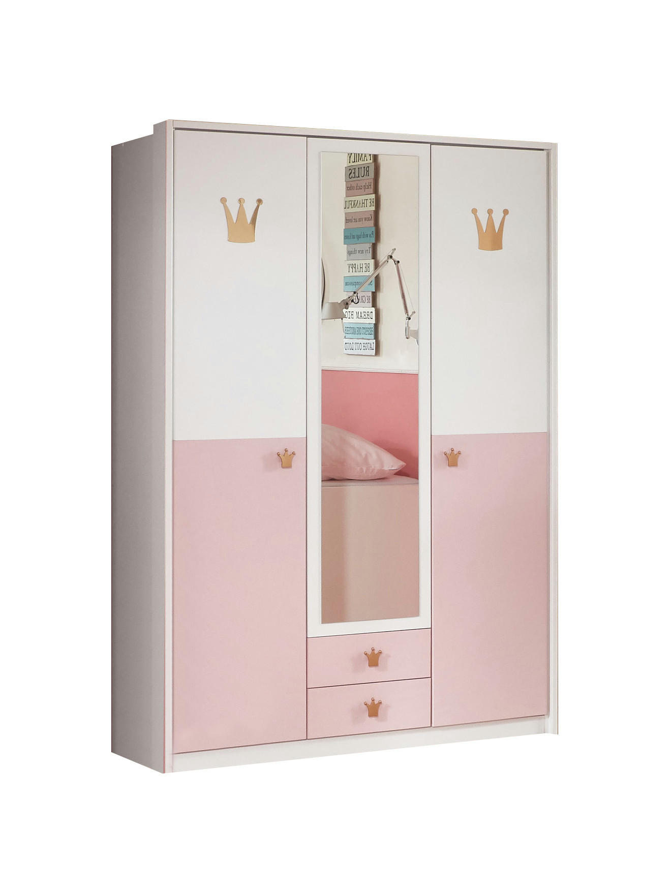 DREHTÜRENSCHRANK Cindy in Weiß und Rosa - 3 türig mit Spiegel - Weiß, Holzwerkstoff (139/199/58cm)