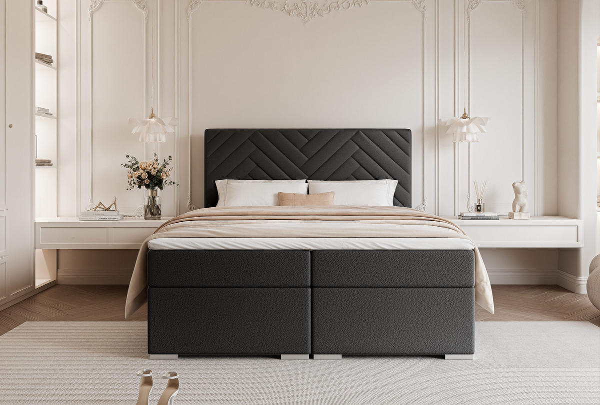 BOXBETT NEREA 180/200 cm mit Matratze und Topper, Schwarz - Schwarz, Textil (180/200cm) - Idohome