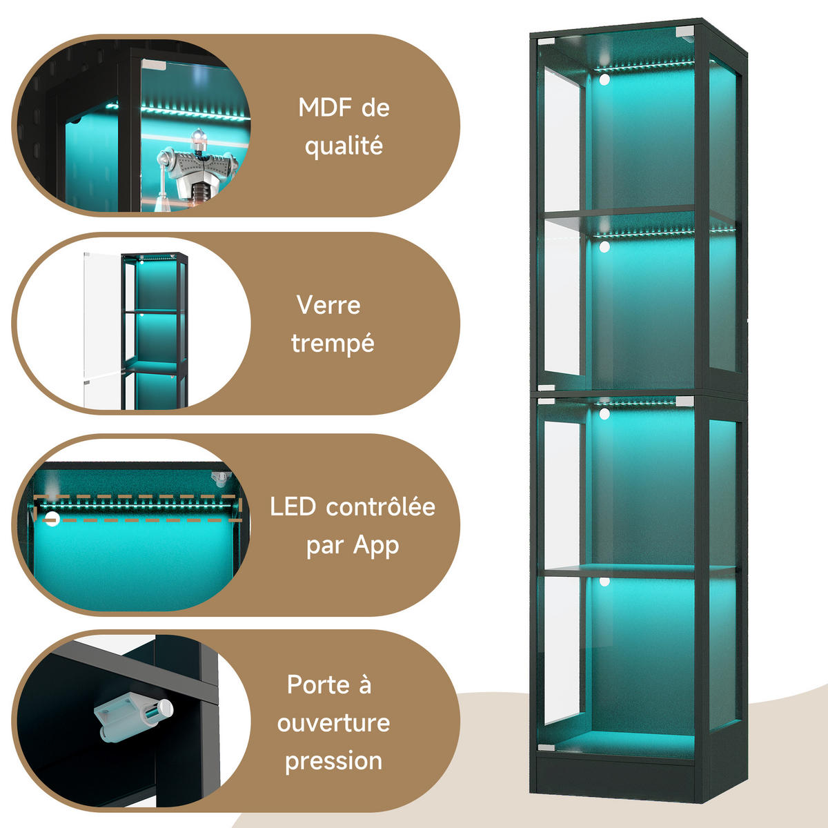 VITRINE Glas MDF mit 4 Ebenen Stauraum schmal modern Push-to-Open Schrank Wohnzimmer Design - Schwarz, Glas/Holzwerkstoff (40/170/35cm) - EVRYAE