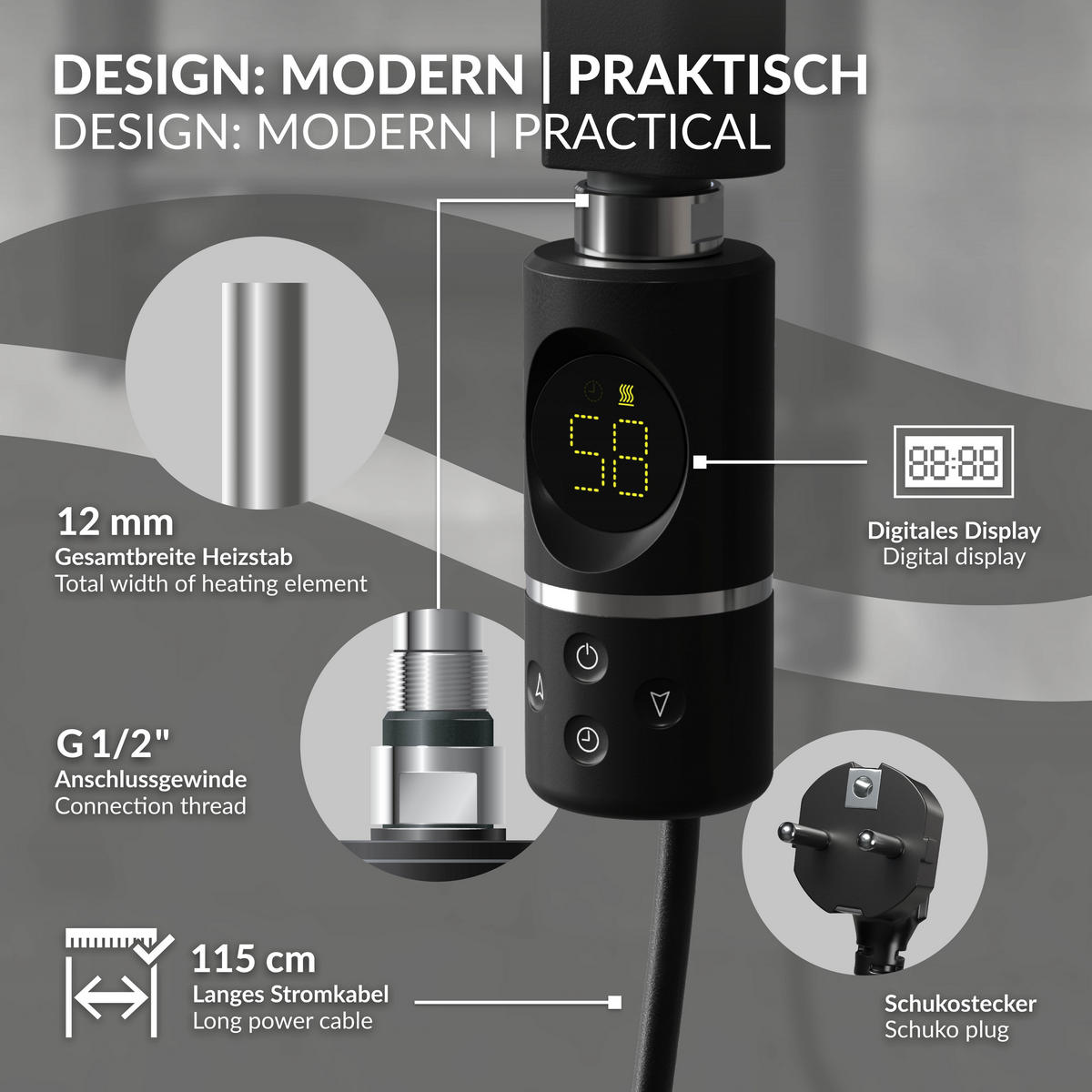 HEIZSTAB 600W Schwarz für Badheizkörper mit Thermostat und Digitalanzeige - Chromfarben, Metall - LuxeBath