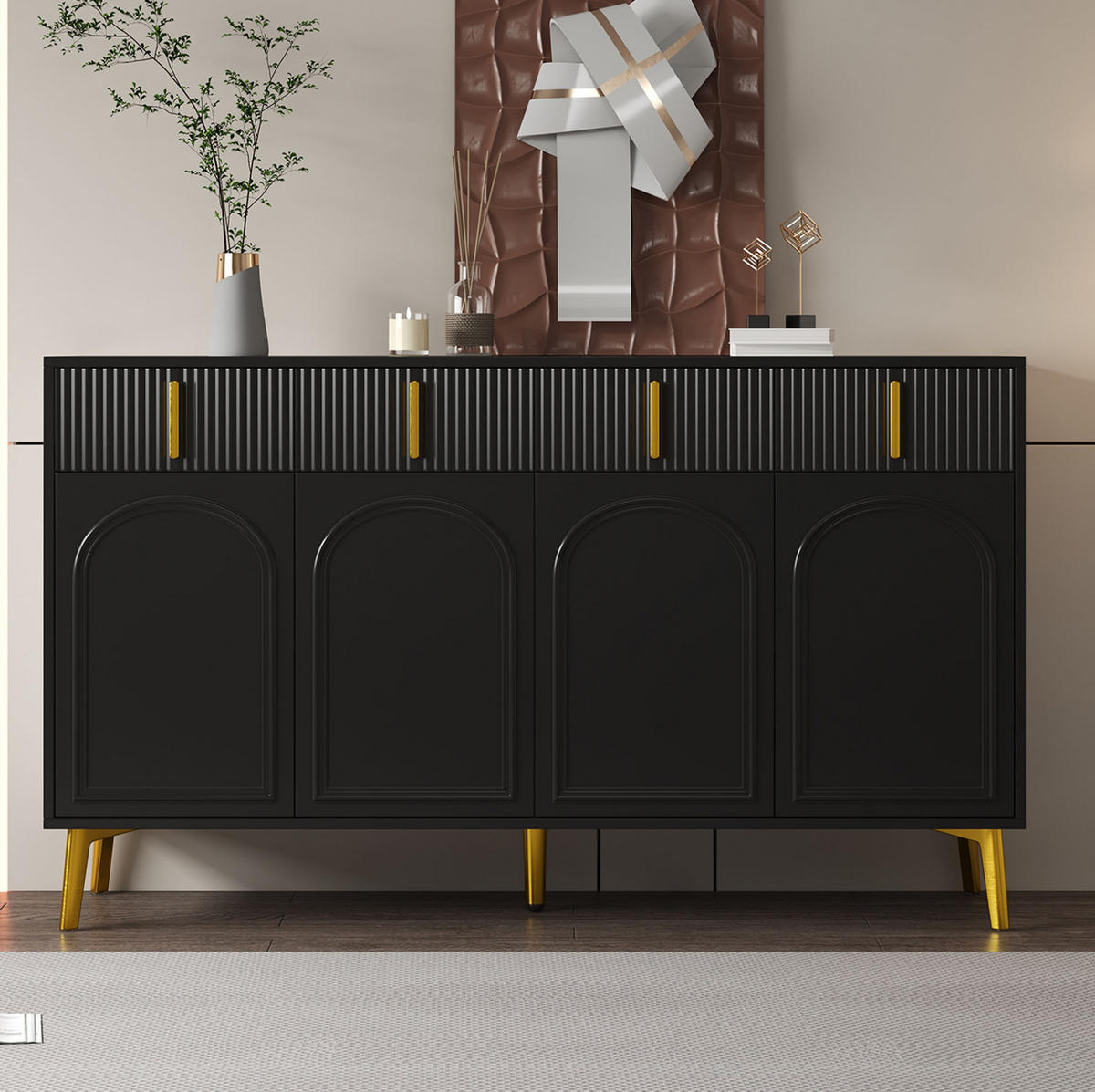 KOMMODE aus MDF 140x38x82cm in Schwarz mit 4 Türen & 4 Schubladen - Schwarz, Holzwerkstoff (140/82/38cm) - Modfu