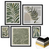 WANDBILDER 5er-Set - 50x50 cm & 20x30 cm & 40x60 cm Schwarzer Rahmen - Blätter, Wellen – Pastellillustrationen - Schwarz, Kunststoff (40/60cm) - ArtPrintCave