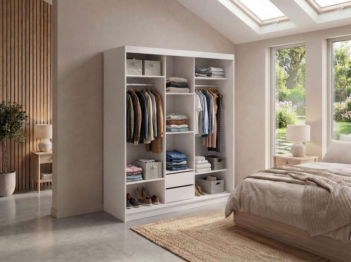 SCHWEBETÜRENSCHRANK mit Spiegel und Schubladen - WALENCJA - 180 - Weiß lacobel - Alufarben/Weiß, Holzwerkstoff/Metall (180/216/61cm) - MKS