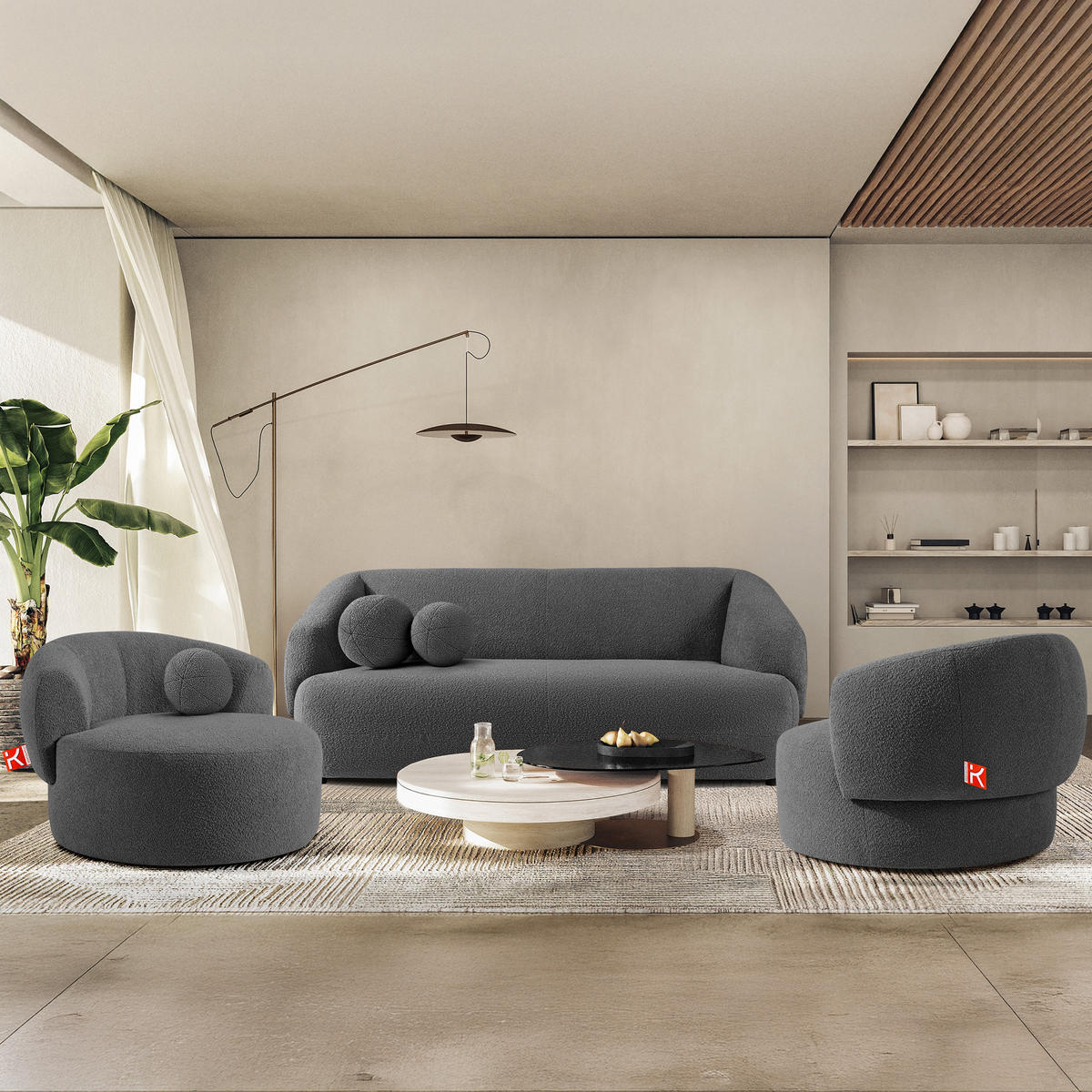 EINZELSOFA VIRA, Dunkelgrau, Bouclé - Dunkelgrau/Schwarz, Holz/Holzwerkstoff (210/84/100cm) - KONSIMO®