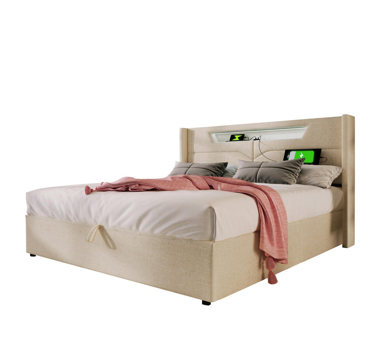 POLSTERBETT mit LED-Beleuchtung 160/200 cm mit Bettkasten, USB-C und gepolstertem Kopfteil - Beige, Textil (160/200cm) - BEAOK