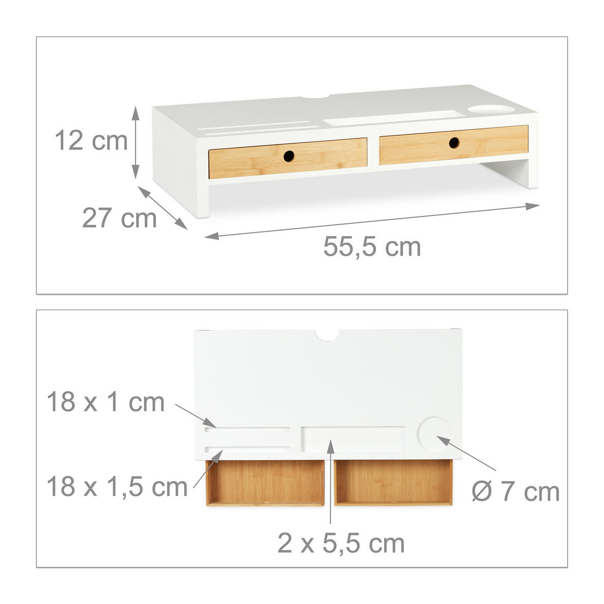 MONITORSTÄNDER Weiß Natur 2-Schubladen - Multicolor, Holz/Holzwerkstoff (27/55.5/12cm) - Relaxdays