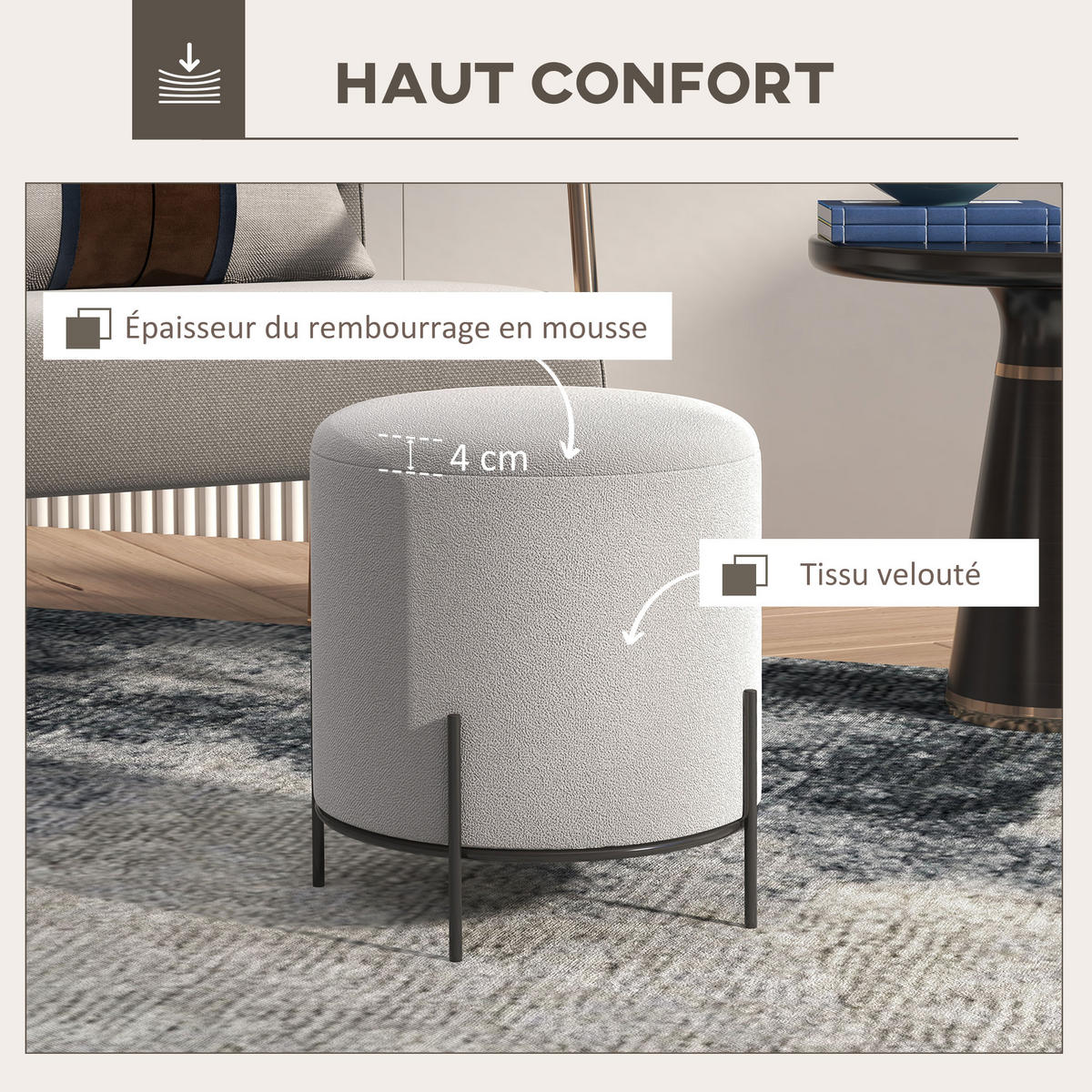 POUF DE-16375 Samtbezug mit Stahlbeinen Hellgrau - Hellgrau, Textil (35/38/35cm) - ComfortXL