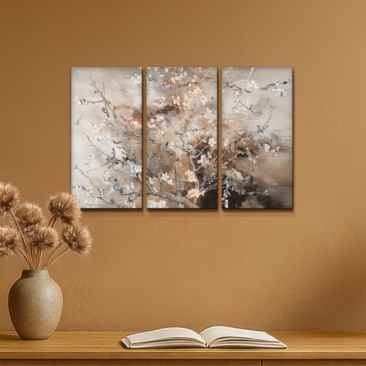 LEINWANDBILD 3er Set Mandelblüte - Abstrakt - Beige 60x40 cm - Beige, Textil (60/40cm) - MuchoWow