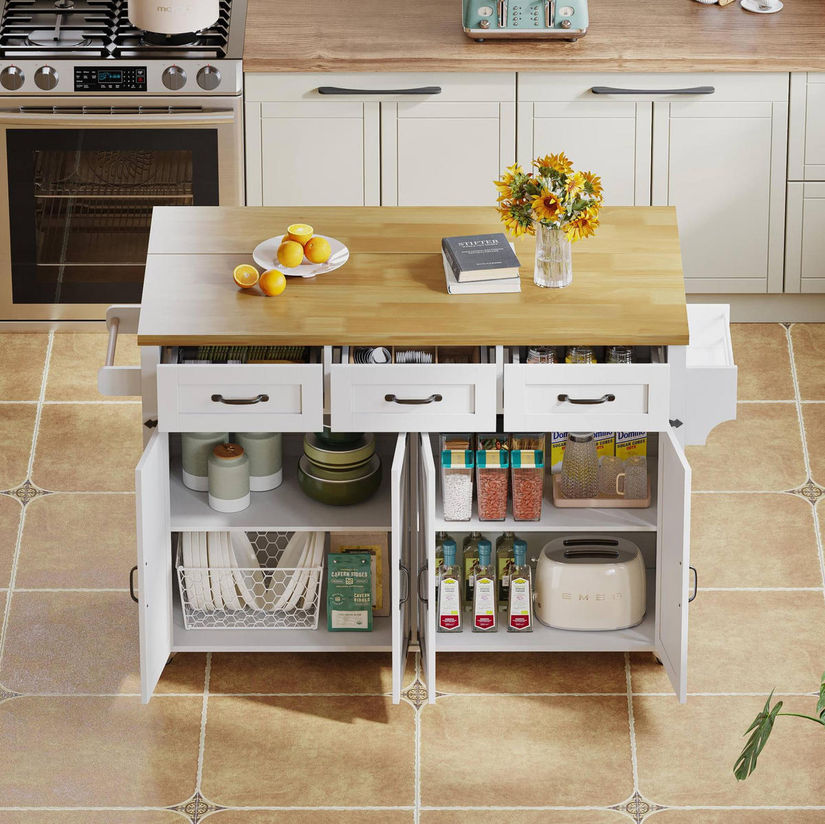 KÜCHENINSEL 140/43/90,5 cm Weiß/Natur aus MDF mit Klappplatte - Weiß, Holzwerkstoff (140/90.5/70cm) - OKWISH