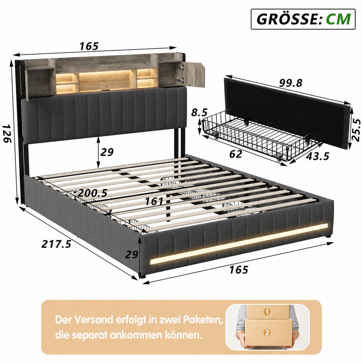 POLSTERBETT 160/200 cm mit Bücherregal-Kopfteil, USB-Anschluss, LED-Beleuchtung & Stauraum-Schubladen, Metallrahmen, Lattenrost inklusive - Anthrazit, Holz/Metall (160/200cm) - Joyfair