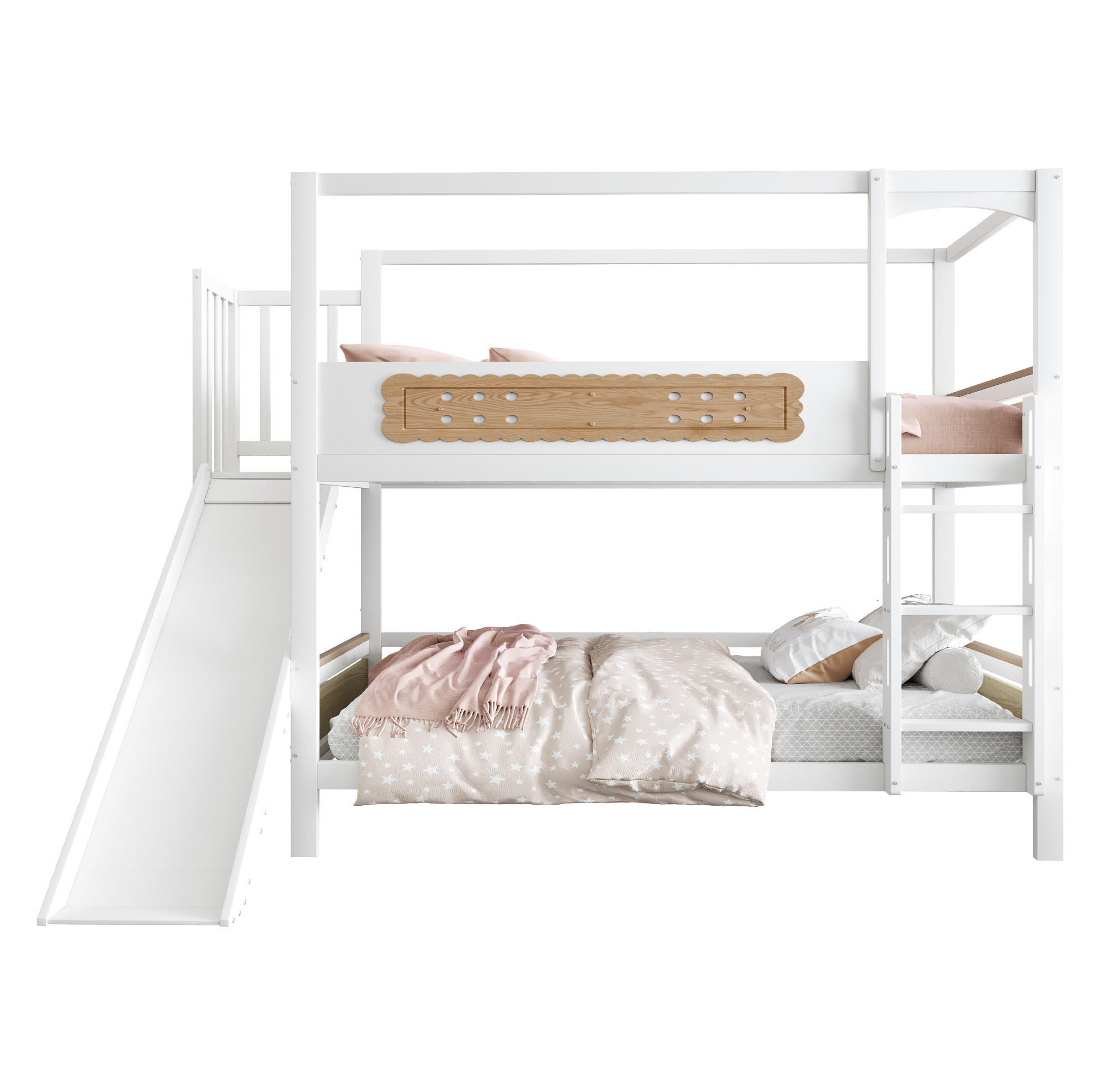 ETAGENBETT 90/200 cm mit Rutsche, breiter Sicherheitsleiter und Hausrahmen, Natur/Weiß - Naturfarben, Holzwerkstoff (90/200cm) - Redom