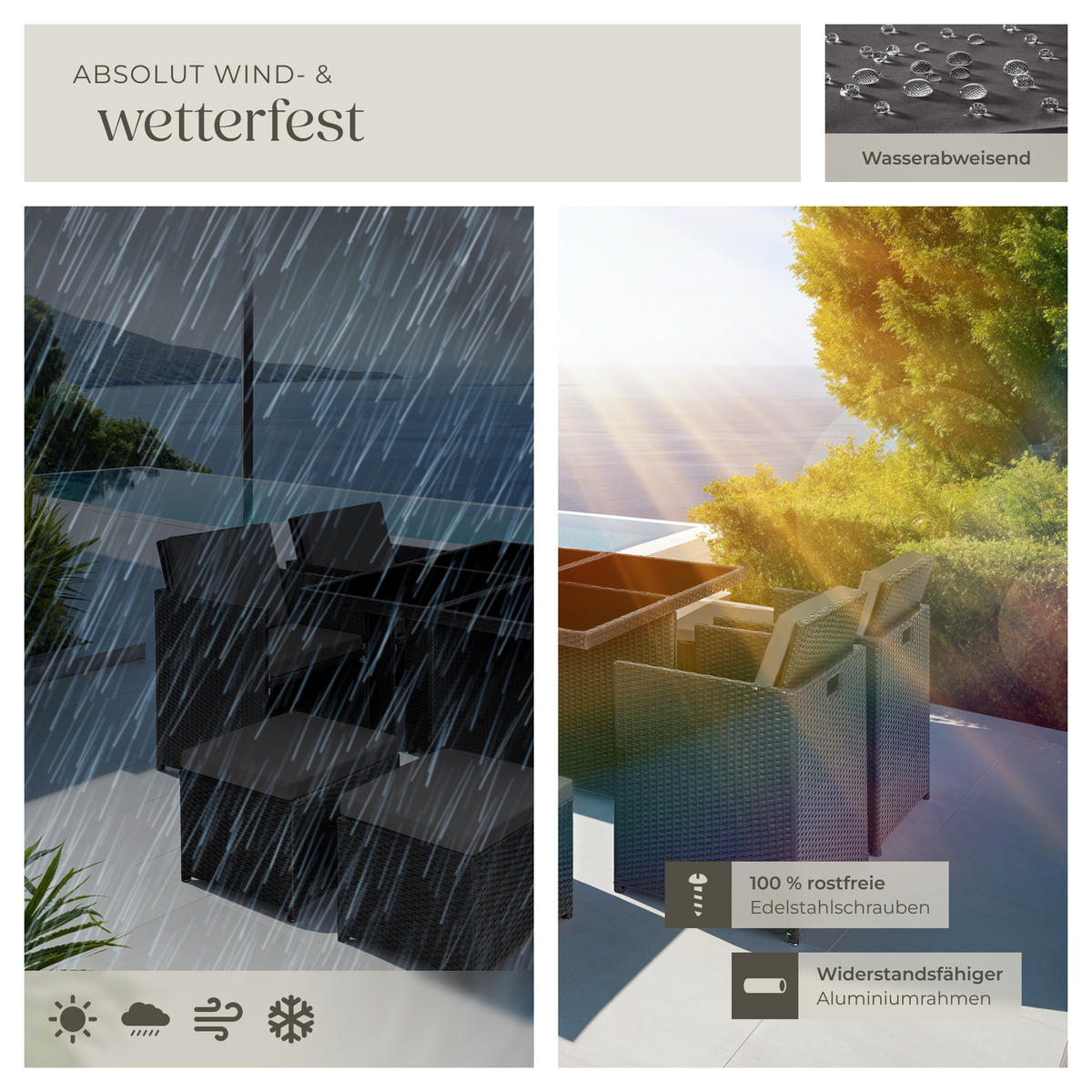 RATTAN SITZGRUPPE Manhattan,2 Bezugssets, zusammenschiebbar, inklusive Schutzhülle,schwarz - Schwarz, Kunststoff - tectake