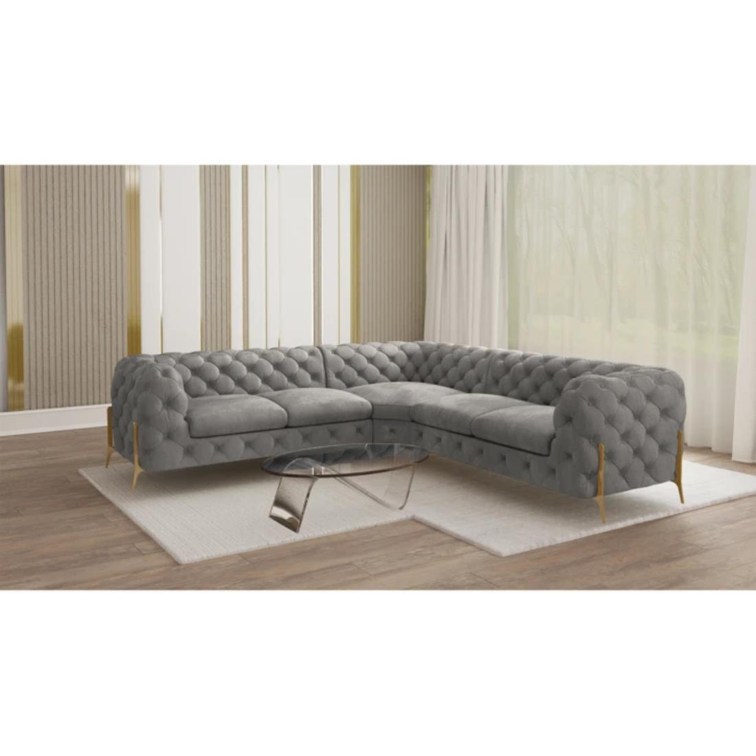 ECKSOFA Chesterfield Lexi Grau Samt - Goldfarben/Grau, Holz/Textil (264/264cm) - S-Style Möbel