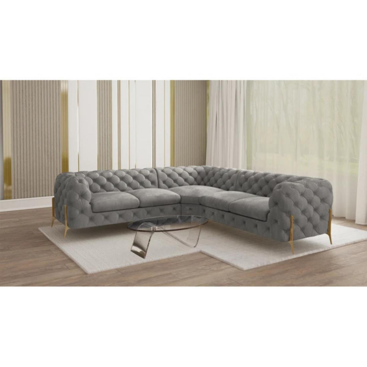 ECKSOFA Chesterfield Lexi Grau Samt - Goldfarben/Grau, Holz/Textil (264/264cm) - S-Style Möbel
