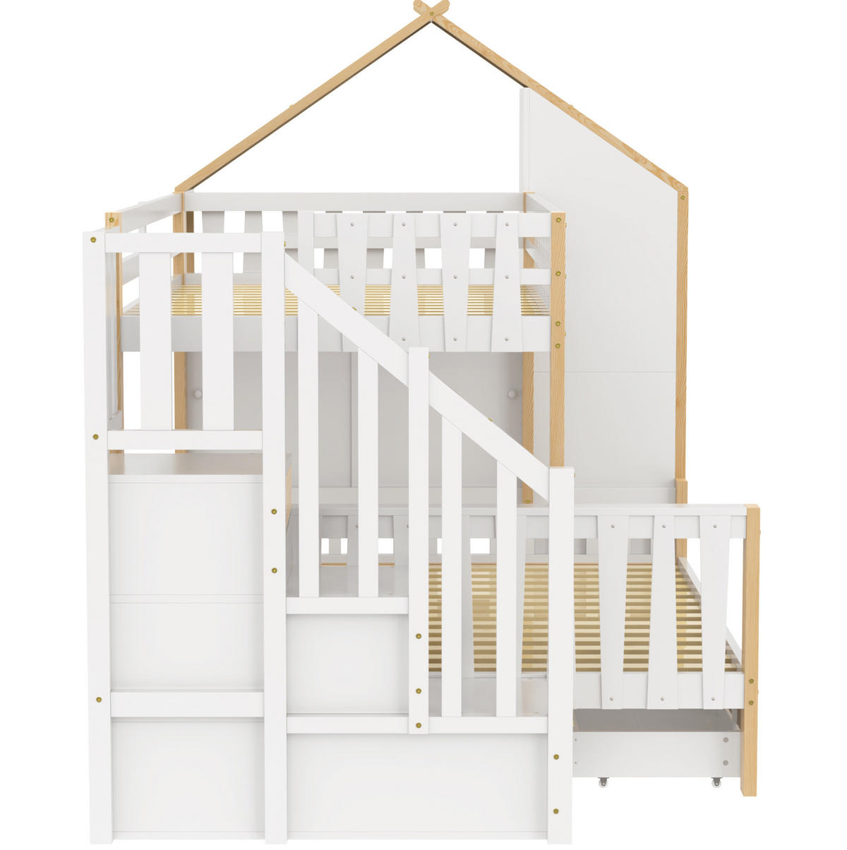 ETAGENBETT 90/200 cm mit Stauraumleiter und Bettgitter in Weiß und Natur - Weiß, Holz (90/200cm) - OKWISH