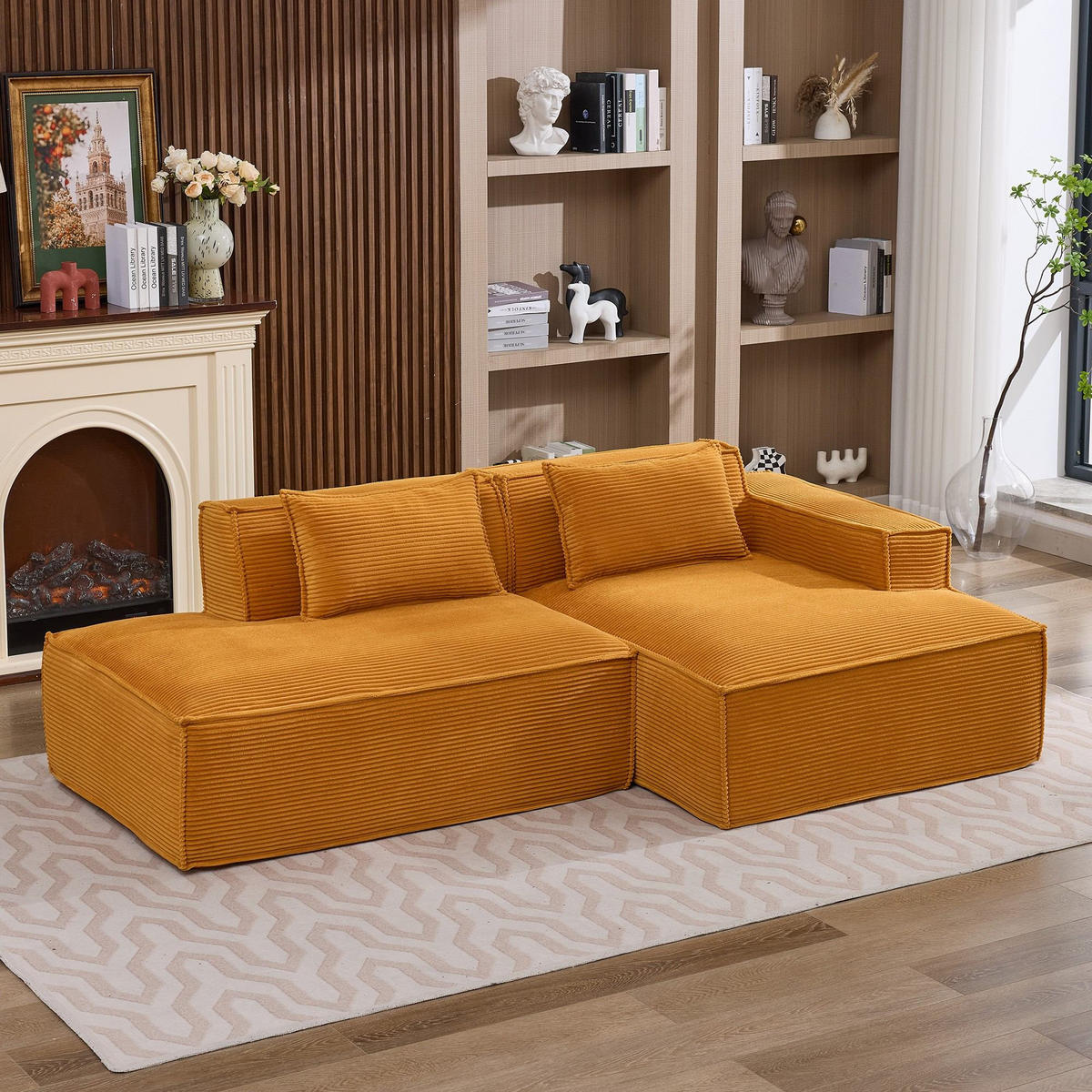 ECKSCHLAFSOFA L-/U-/2-er Sofa mit Schlaffunktion,Modulsofa,Cord,Gelb - Gelb, Textil (129/233cm) - LVHOM
