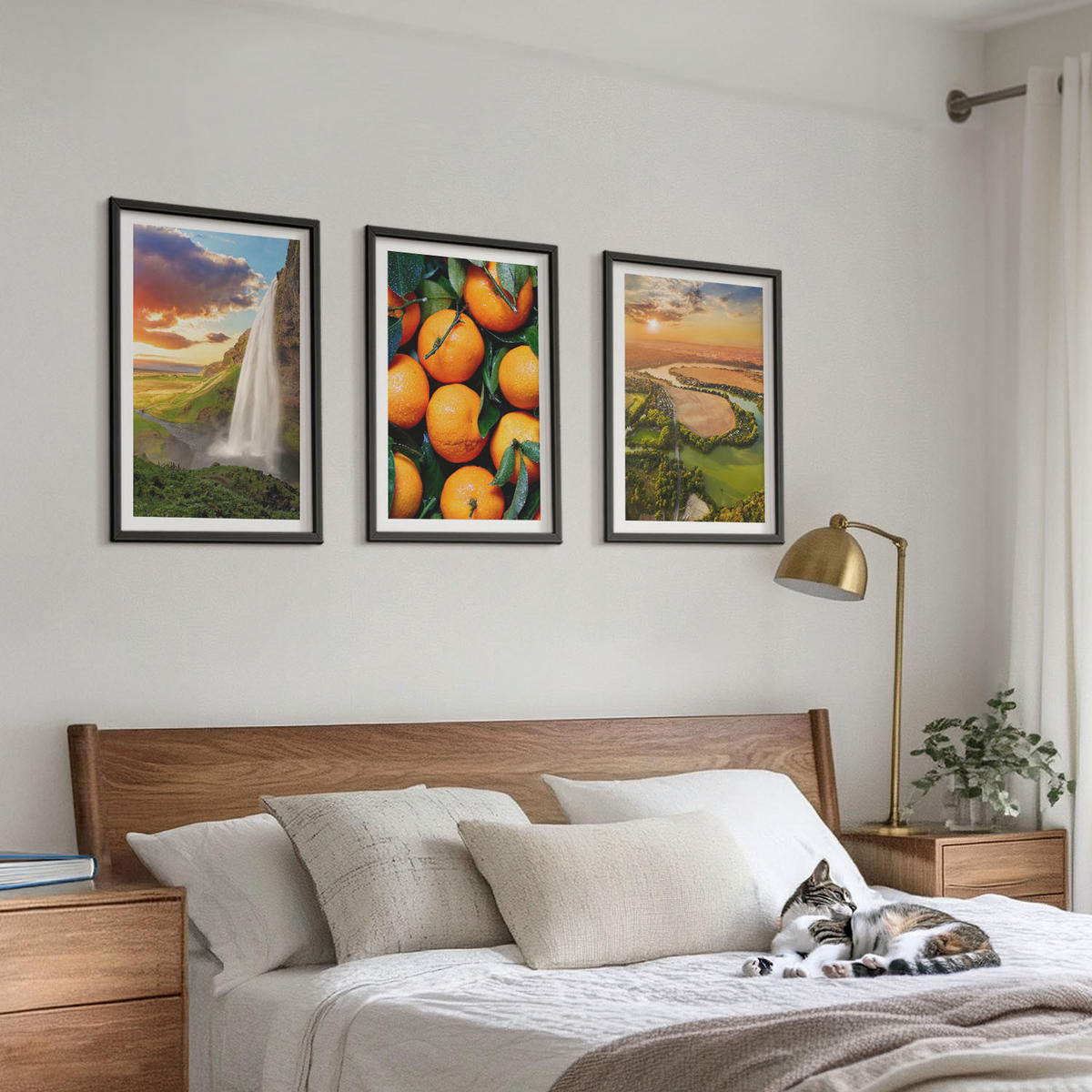 BILDER SET 3er Set - 40x60 cm Schwarzer Rahmen - Orange Mountain Wasserfall - Schwarz, Kunststoff (40/60cm) - TULUP