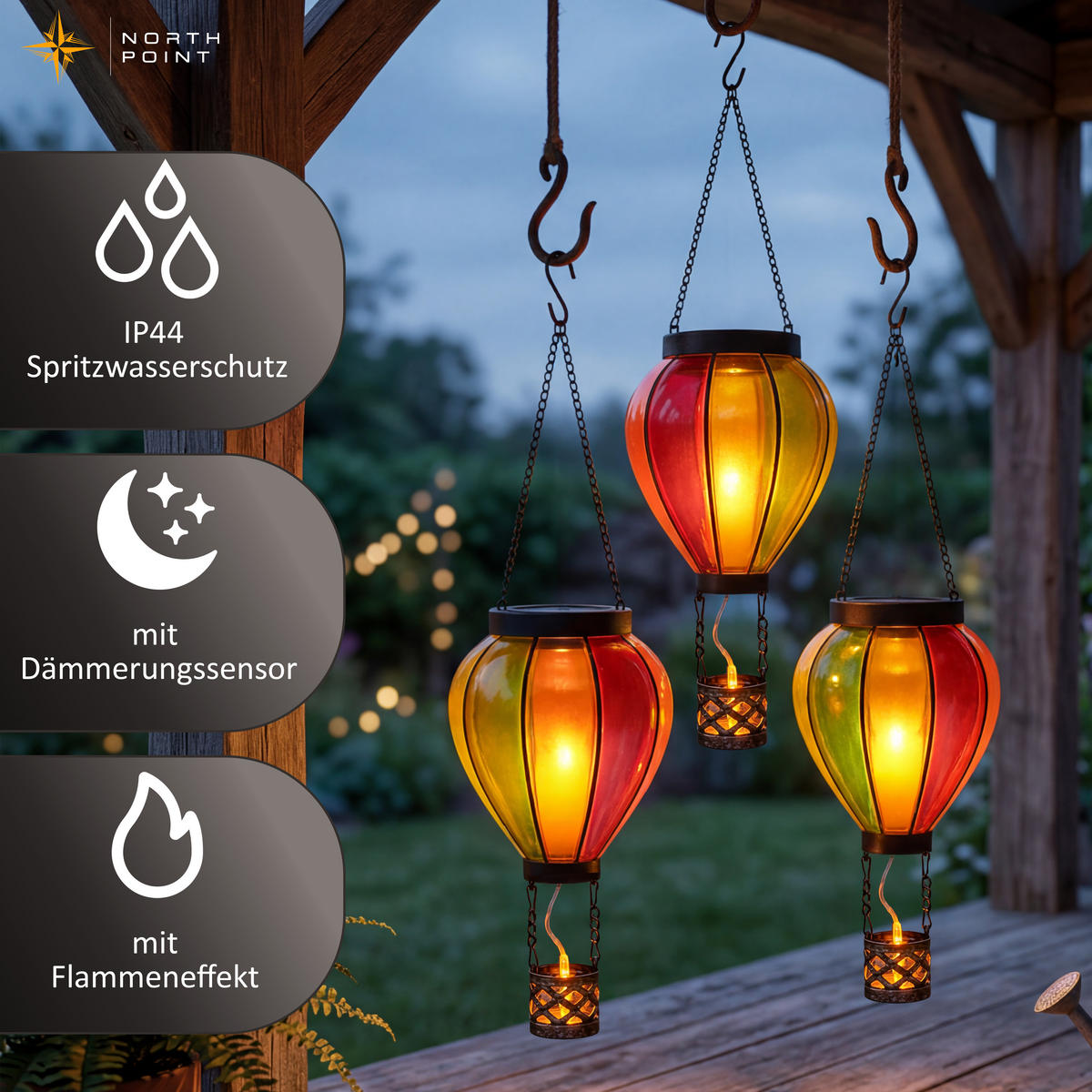 LED-SOLAR-HEISSLUFTBALLON Bunt Kunststoff Ø 11 x 40 cm 3er-Set - Multicolor, Kunststoff (11/11/40cm) - Northpoint