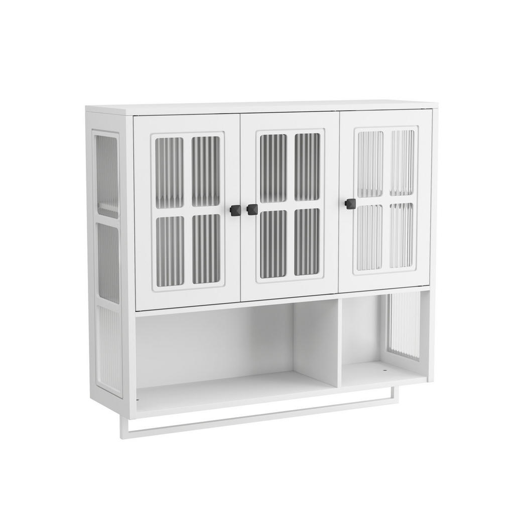 Modfu NÁSTĚNNÁ koupelnová skříňka z MDF 88x26x82 cm bílá s tvrzeným sklem, držákem na ručník a variabilním úložným prostorem