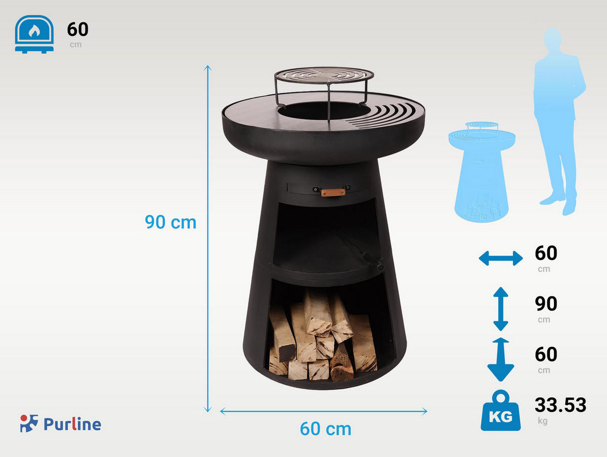 HOLZKOHLEGRILL Feuerschale Schwarz inkl. Schutzhülle - Schwarz, Metall (60/90/60cm) - Purline
