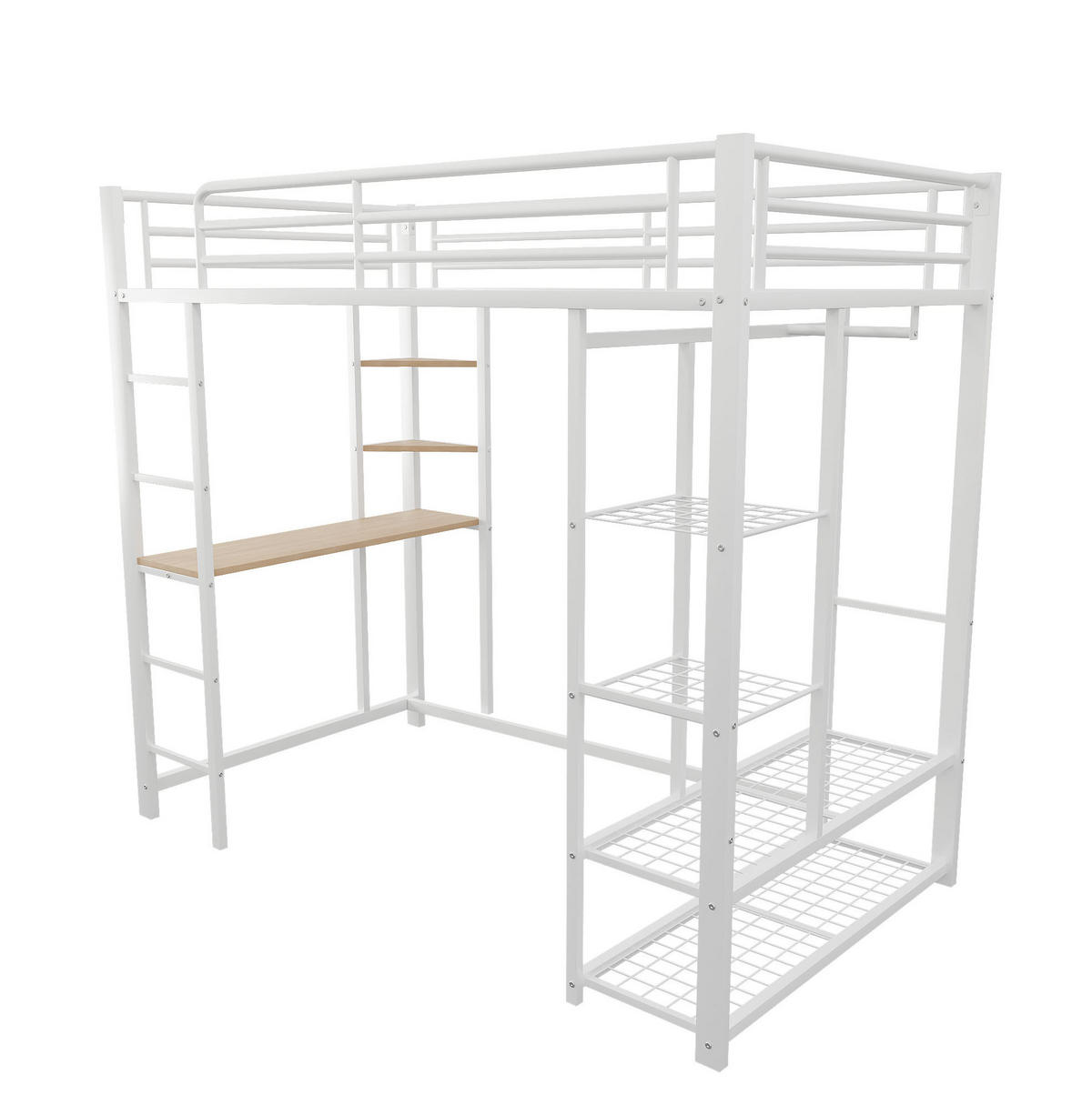 HOCHBETT 90/200 cm mit Leiter, Schreibtisch, Regal und Kleiderstange aus Metall, Weiß - Weiß, Metall (90/200cm) - Redom