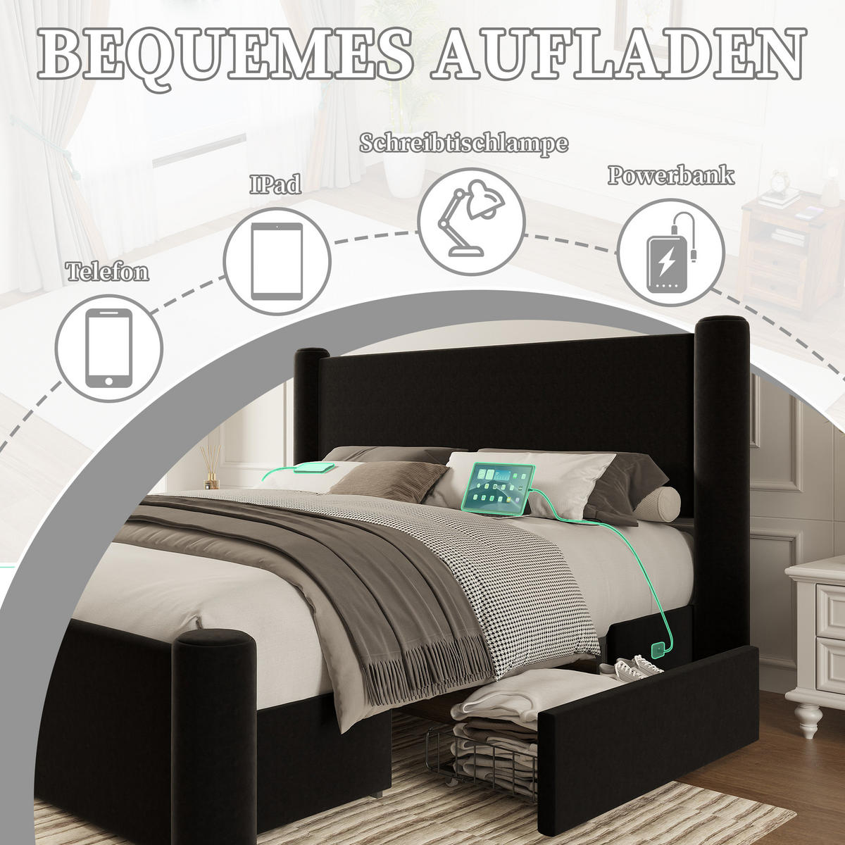 POLSTERBETT 140/200 cm Schwarz mit 2 Stauraumschubladen und USB-Ports - Schwarz, Textil (140/200cm) - OKWISH