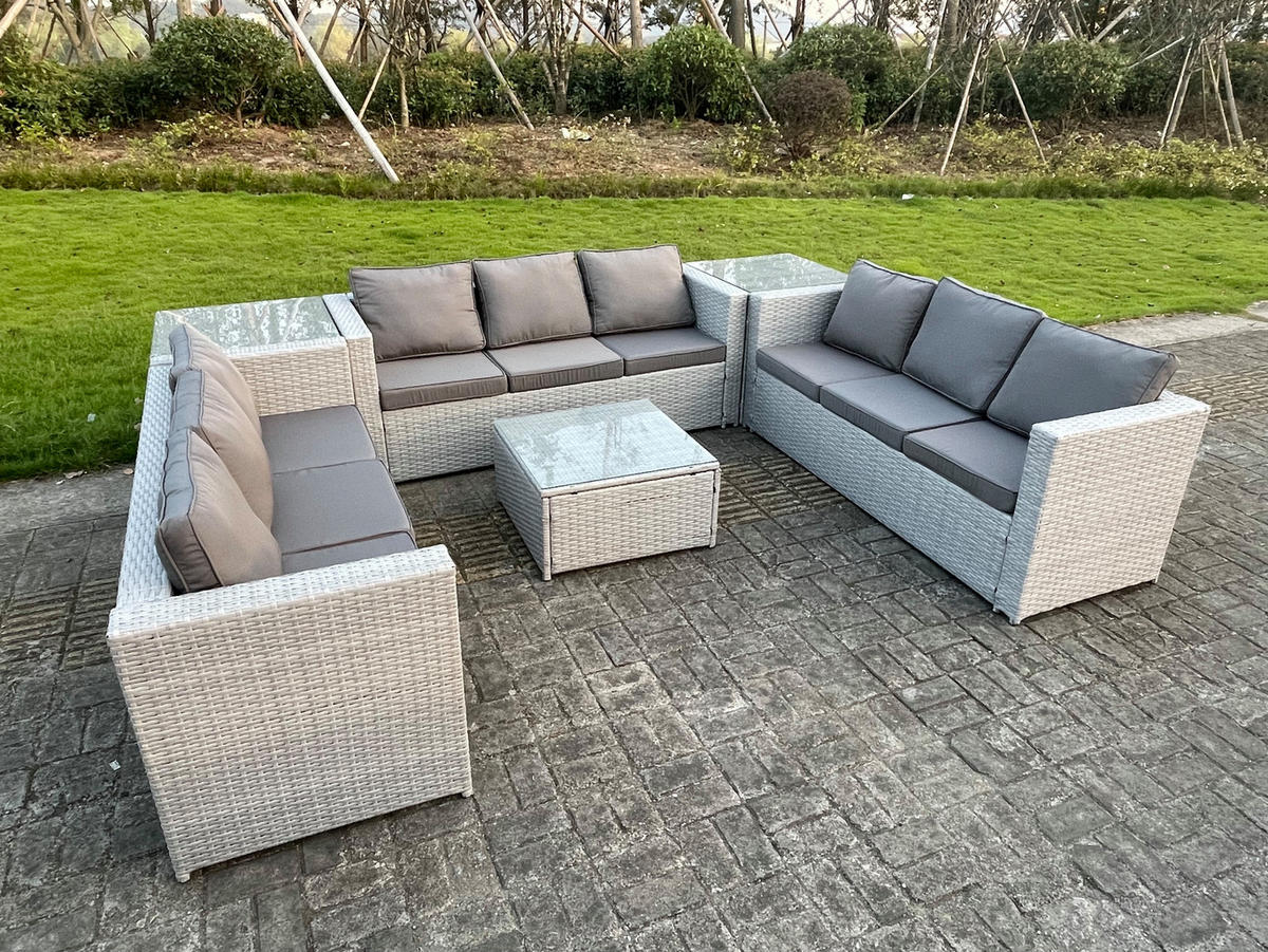 GARTENSOFA SET mit Couchtisch Polyrattan Helles Grau 9-Sitzer - Hellgrau, Metall - Fimous