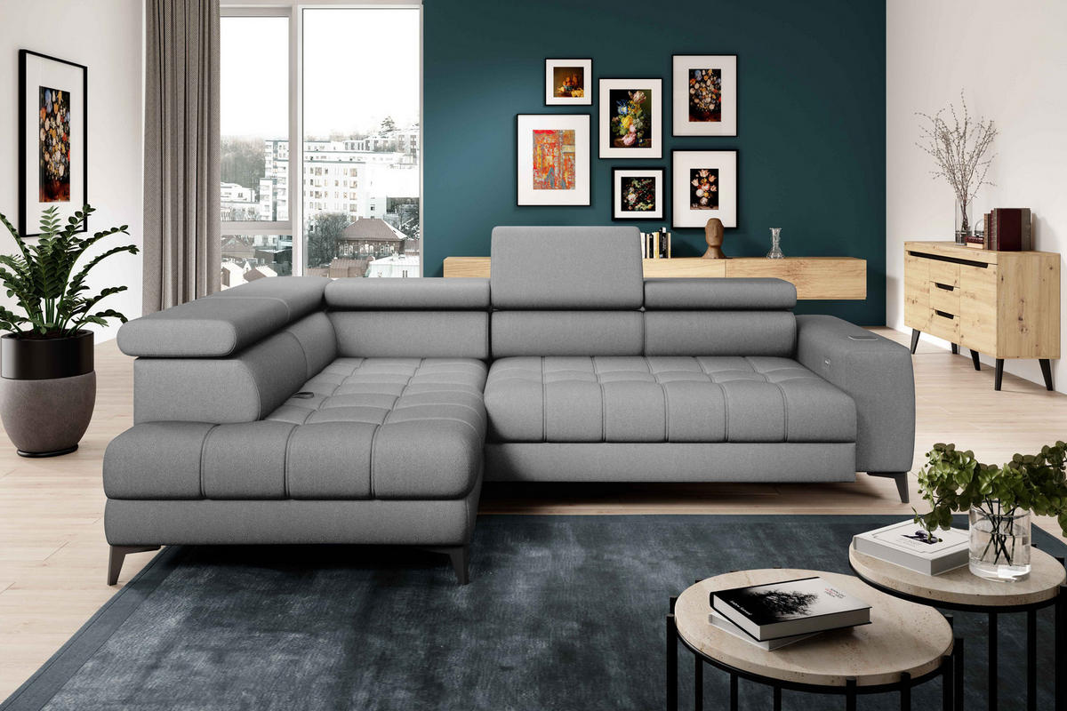 ECKSOFA BAGGIO Letto Stoff, Schlaffunktion, Bettkasten, Sitztiefe, Kopfstützen 280x196cm – Links – Grau - Grau, Holz/Textil (196/280cm) - DomoHome